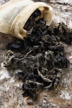 dried mushrooms in sack, on rough tableの写真素材
