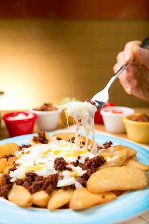 fork grabbing french fries with onions, minced meat and cheeseの写真素材