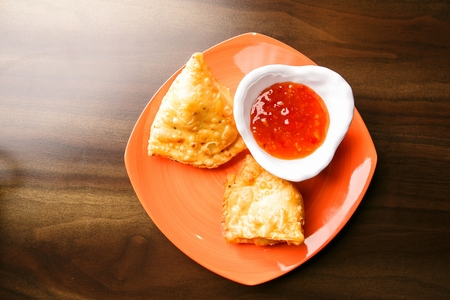 triangular samosa and sauceの写真素材