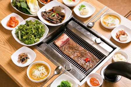 marinated pork with side dishesの写真素材