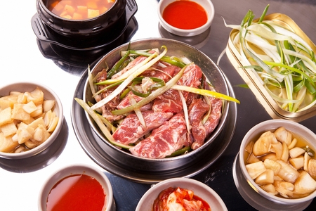 marinated pork with side dishesの写真素材