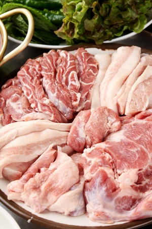 assorted parts of raw pork, Korean barbecue preparationの写真素材