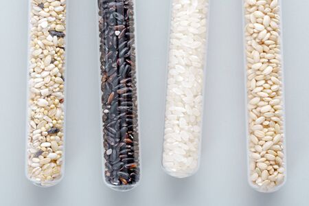 Assortment of Various grains and rice in bowls.