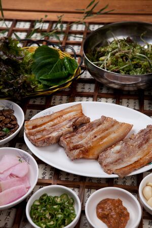 Grilled pork with side dishesの写真素材