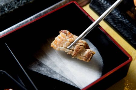 Grilled pork on sweet radishの写真素材