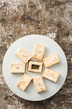 Seasoned Tofu Korean pancake served on plateの写真素材