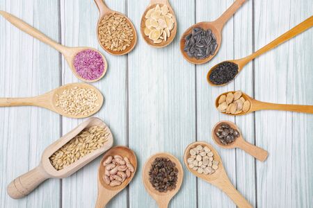 collection of healthy superfood, close up of various seedsの写真素材