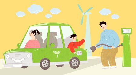 Ecology concept, Green eco city and life with family illustrationの写真素材