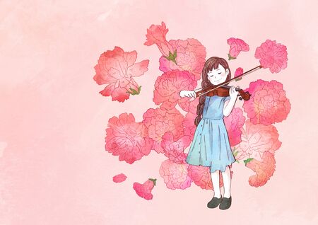 illustration of a little girl who dreams with blossoms backgroundの写真素材