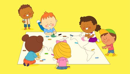 illustration of a group of happy children of different nationalities  003のイラスト素材