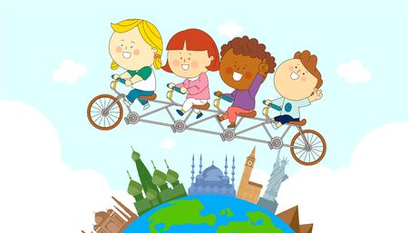 illustration of a group of happy children of different nationalitiesのイラスト素材