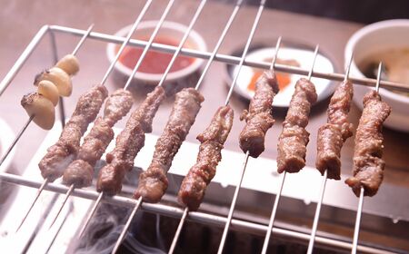 lamb skewers and garlic on grillの写真素材