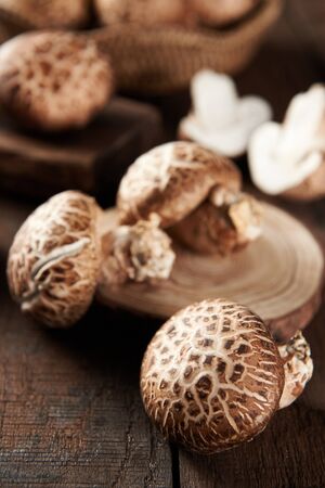 shiitake on wooden tableの写真素材