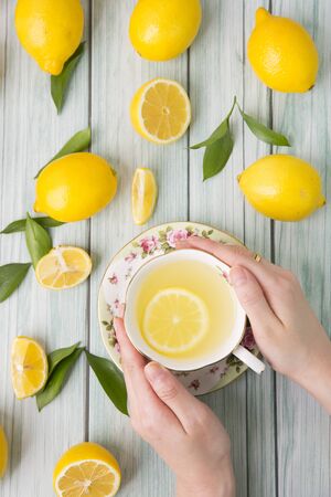 Fresh citrus fruit lemon and lemon teaの写真素材
