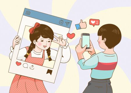 Boy taking picture of girl with smartphoneのイラスト素材
