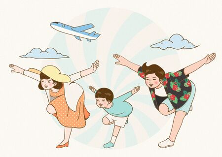 Travel concept of family pretending to be a planeのイラスト素材