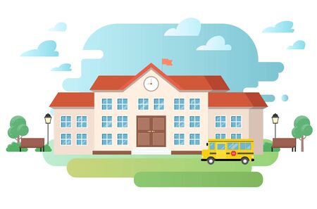 School building and bus flat style illustration.のイラスト素材