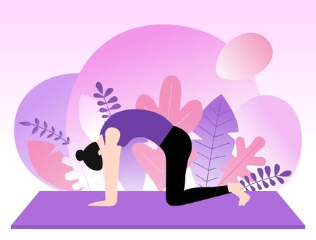 Young woman doing yoga. Purple background with plant silhouette.のイラスト素材