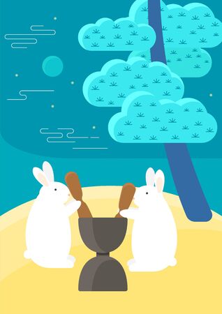 Korean traditional animal drawing. Rabbits on the moon.のイラスト素材