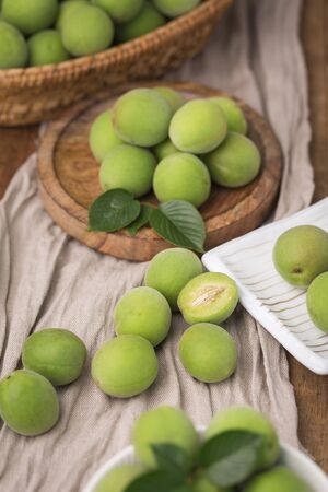 Close up of green plum, summer fruit