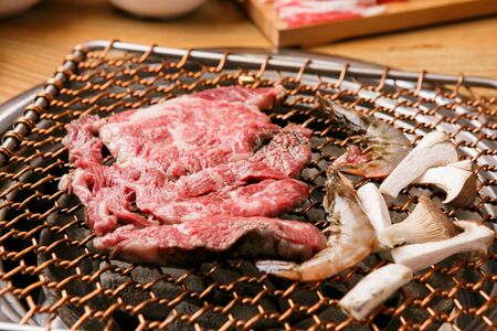 beef and shrimp grilled on panの写真素材