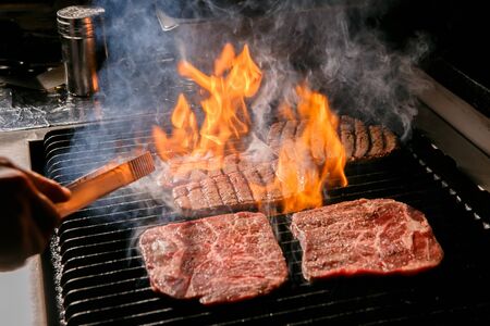 beef being grilled on pan, barbecue