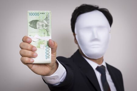 Criminal concept photo, Industrial espionage with masked businessman