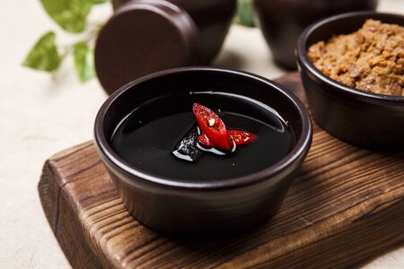 Concept of Korean traditional sauces, soy sauce, soybean pasteの写真素材