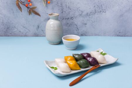 Concept of Korean traditional objects, wrapping cloth and refreshments.