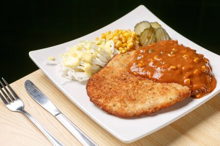 Donkatsu, pork cutlet with sauce on plateの写真素材
