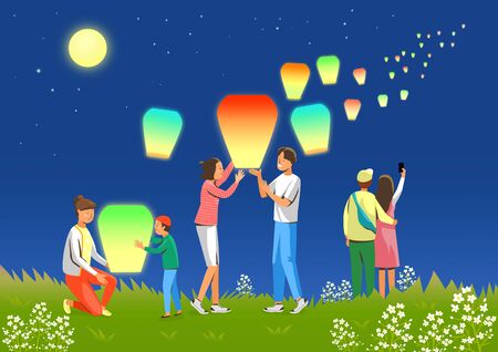 Modern People enjoying various activities with family, lovers, and friends at night illustration 008の写真素材