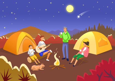 Modern People enjoying various activities with family, lovers, and friends at night illustration 002の写真素材