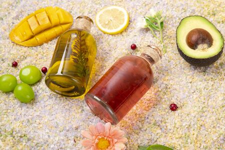 Natural organic concept, Natural haelth and skin care products- pomegranate, lemon, mango and...