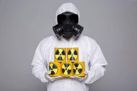 Male scientist in protective suit and antigas mask with glasses. 018の写真素材