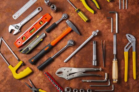 Hand work tools or construction tools top viewの写真素材