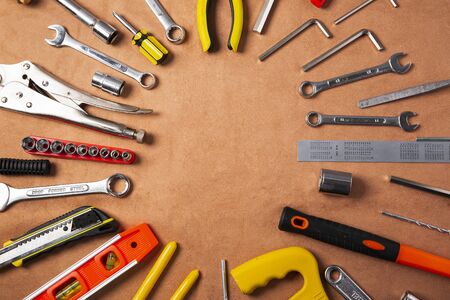 Hand work tools or construction tools top viewの写真素材