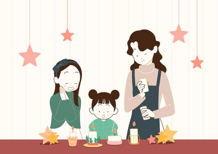 Happy time of family in winter, warm and cozy home illustrationの写真素材