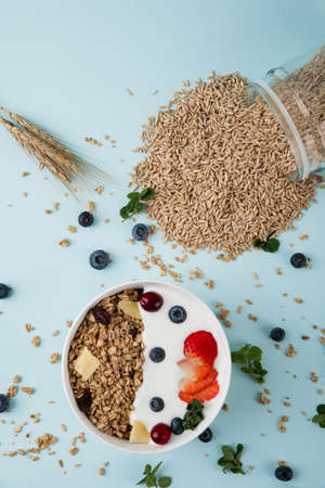 Delicious and healthy breakfast concept - cereal, Porridge and Energy bar 042の写真素材