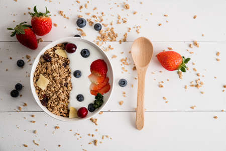 Delicious and healthy breakfast concept - cereal, Porridge and Energy bar 036の写真素材