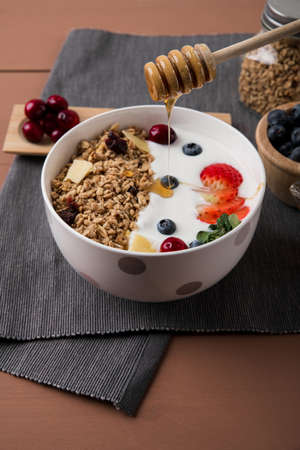 Delicious and healthy breakfast concept - cereal, Porridge and Energy bar 074