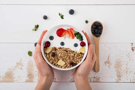 Delicious and healthy breakfast concept - cereal, Porridge and Energy bar 063の写真素材