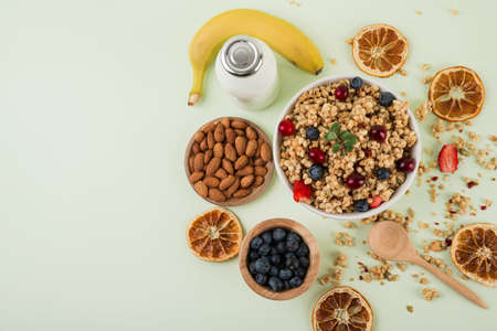 Delicious and healthy breakfast concept - cereal, Porridge and Energy bar 111の写真素材