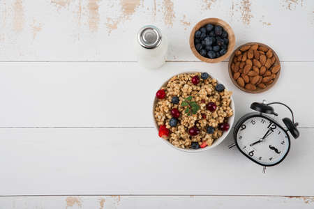 Delicious and healthy breakfast concept - cereal, Porridge and Energy bar 104の写真素材
