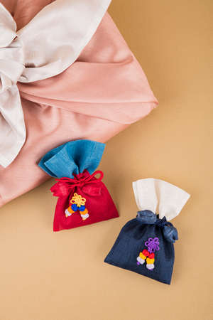 the Korean traditional wrapping cloth, refreshments and greeting card 083の写真素材