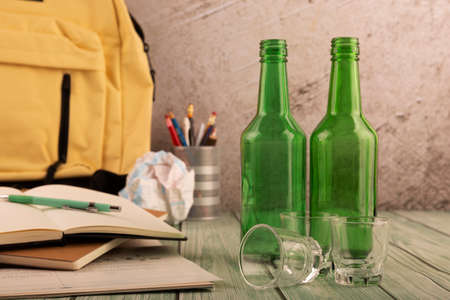 Close up of different glasses and bottles. drinking culture concept photo 103の写真素材