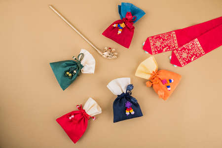 the Korean traditional wrapping cloth, refreshments and greeting card 081の写真素材