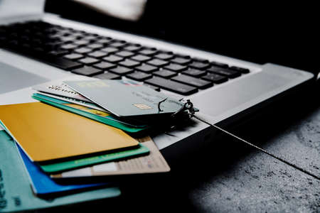 Cyber protection and security concept. Internet hacked computer server, database, network storage, firewall, social network account. 122の写真素材