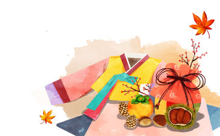 Frame in autumn - a maple leaf, hanbok, traditional wrapping cloth 007の写真素材