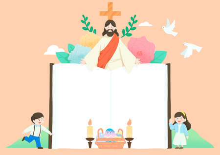 Catholic religion concept, Jesus with people cartoon christian illustration 004の写真素材