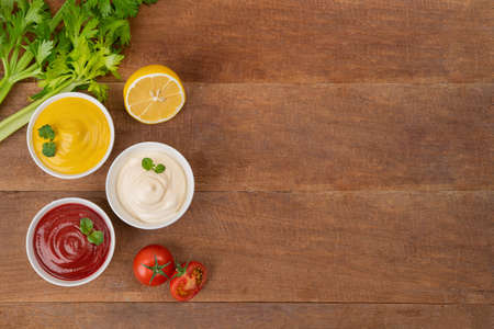 Different sauces collection. ketchup, mayonnaise, mustard with food 162の写真素材